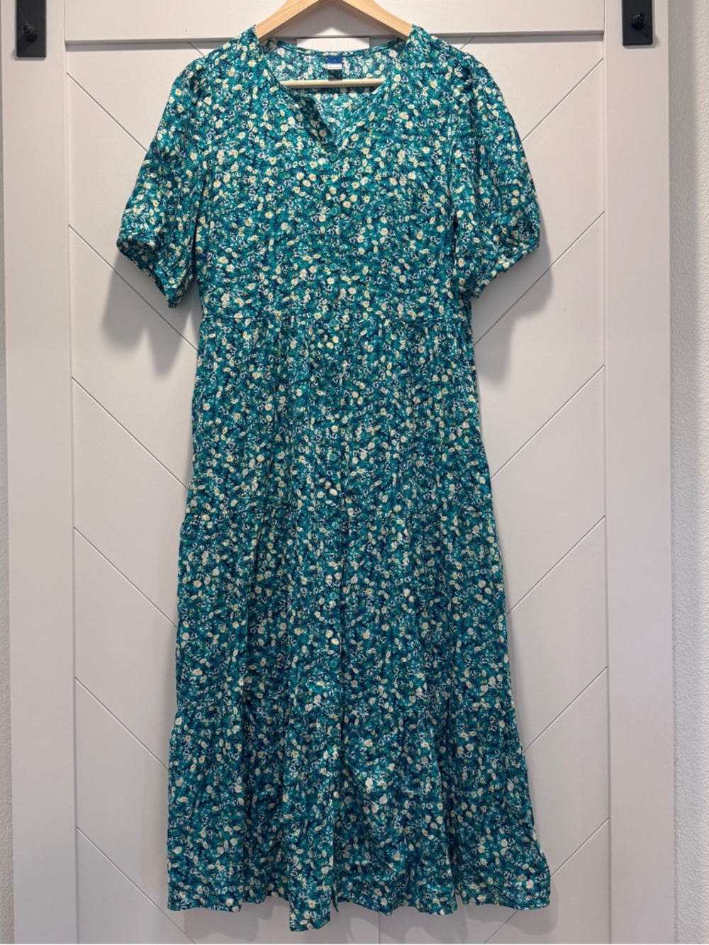 Summer Cotton & Viscose Teal Floral Tiered Button Midi Dress - Cottagecore EUC